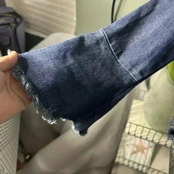 Moelleux Womens M V-Neck Denim Bell Sleeves Frayed Hem Laced Back Hobo Tunic Top - Picture 4 of 10